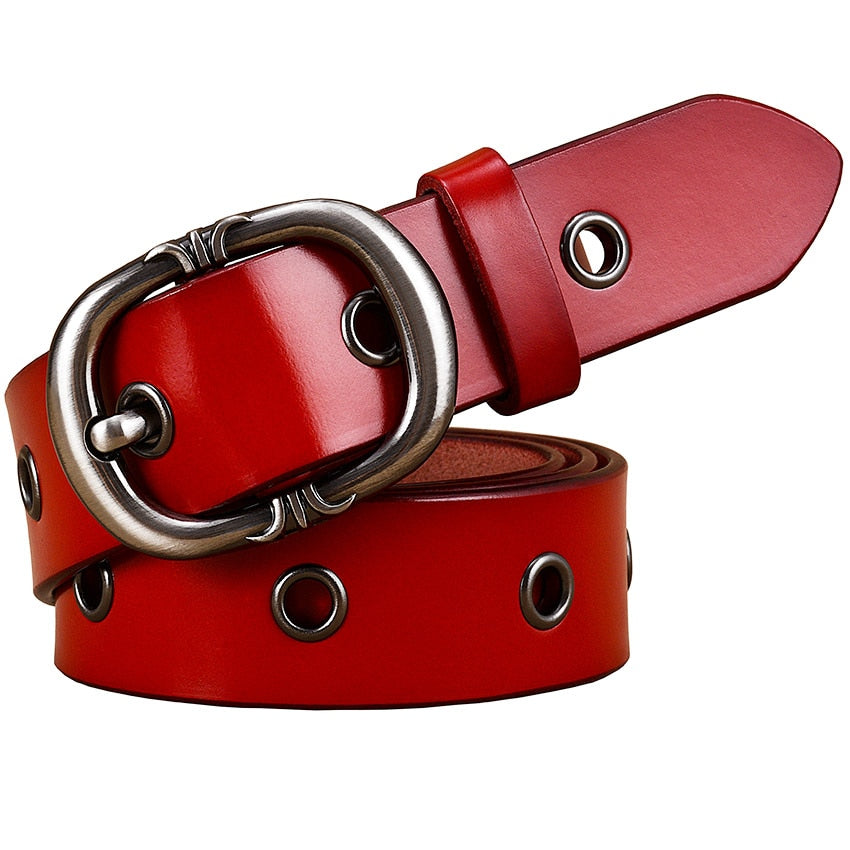 Fashion Metal hollow genuine leather belts for women Quality Pin buckle belt woman Cow skin waist strap for jeans Width 2.8 cm - Executive-Skincare