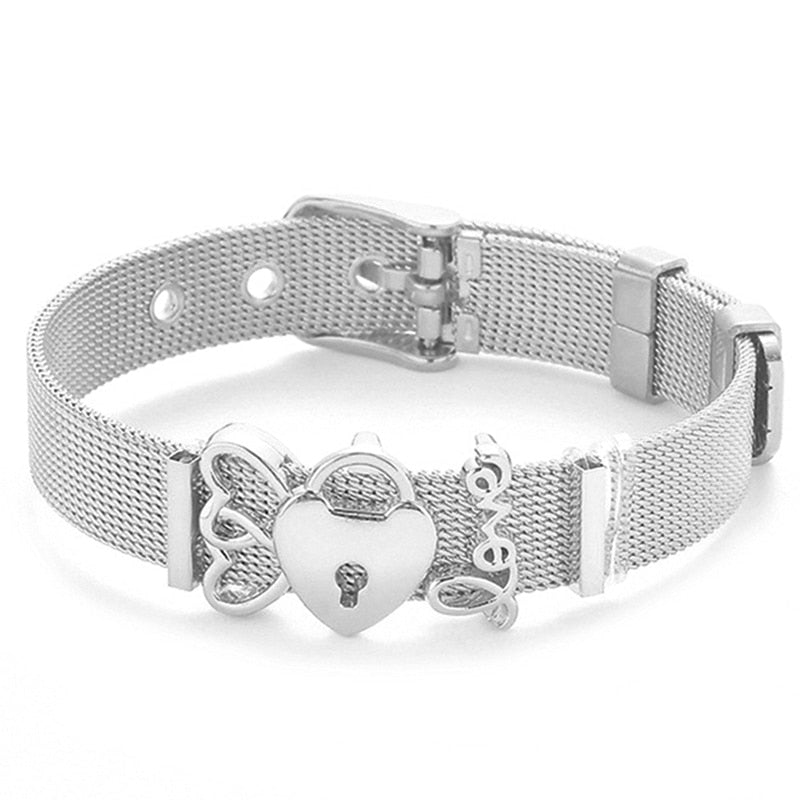 Fashion Stainless Steel Woman Men Bracelet Mesh Bracelet Set Crystal Heart Anchor Charm Fine Bracelet Bangle for Female Lover - Executive-Skincare