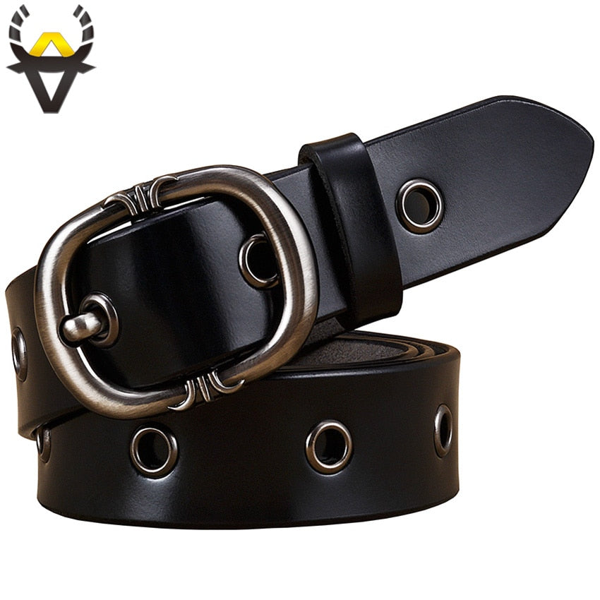 Fashion Metal hollow genuine leather belts for women Quality Pin buckle belt woman Cow skin waist strap for jeans Width 2.8 cm - Executive-Skincare