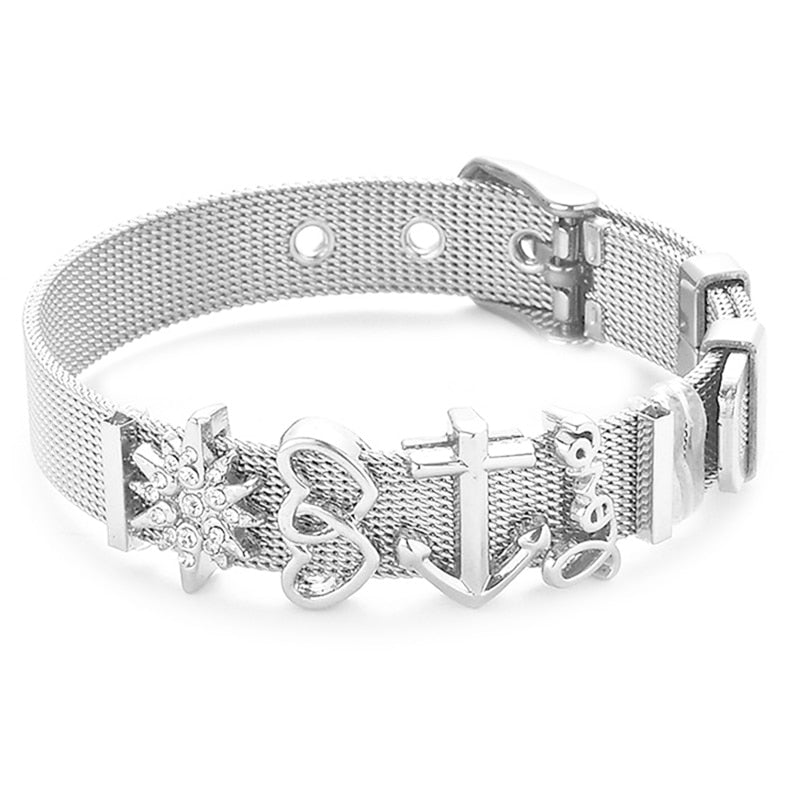 Fashion Stainless Steel Woman Men Bracelet Mesh Bracelet Set Crystal Heart Anchor Charm Fine Bracelet Bangle for Female Lover - Executive-Skincare