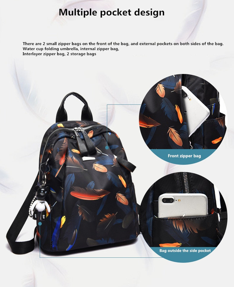 Anti-thief Feather Print Backpack Female Oxford Cloth Waterproof Travel Casual Schoolbag  Brand Ladies Large Capacity Backpack - Executive-Skincare