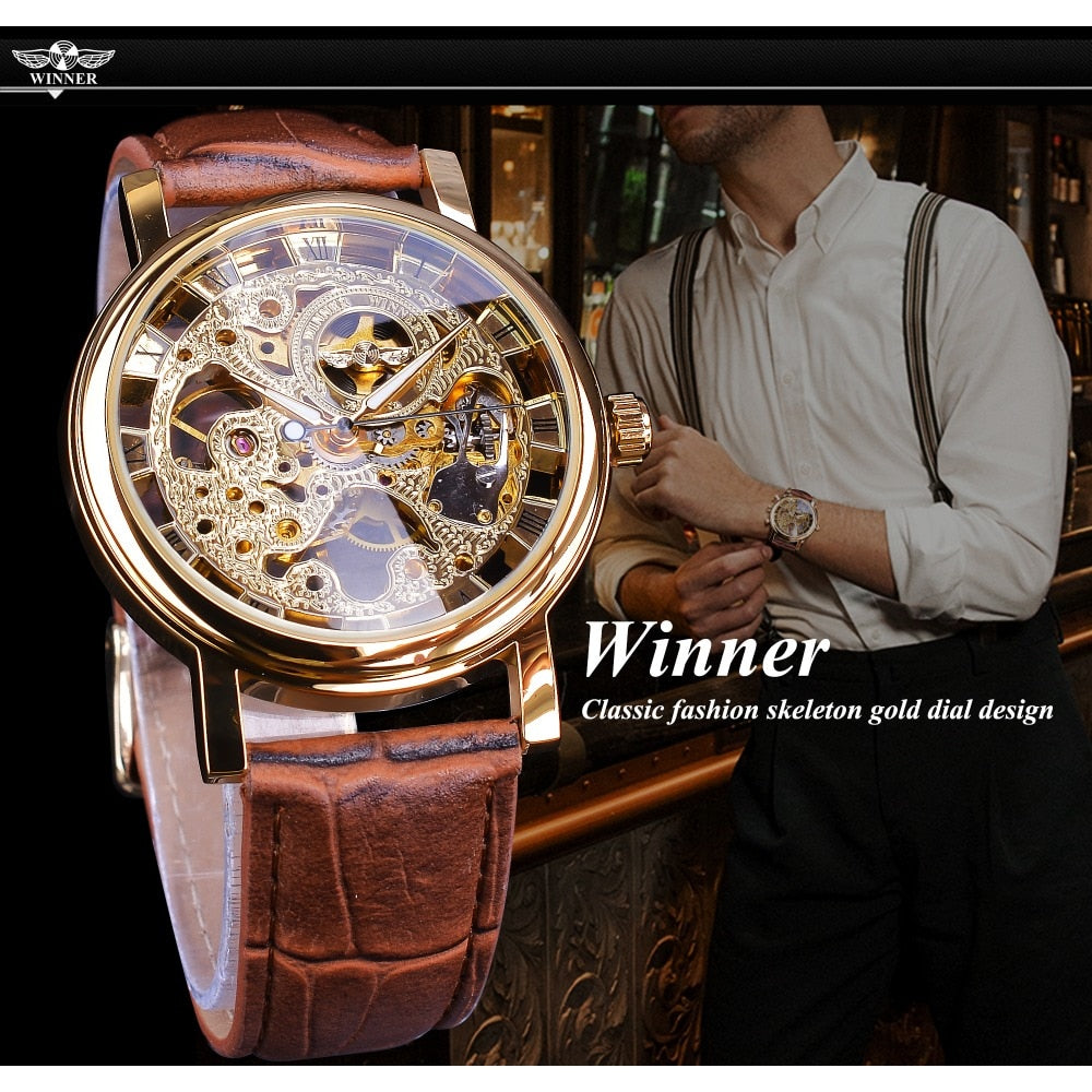 Winner Transparent Golden Case Luxury Casual Design Brown Leather Strap Mens Watches Top Brand Luxury Mechanical Skeleton Watch - Executive-Skincare