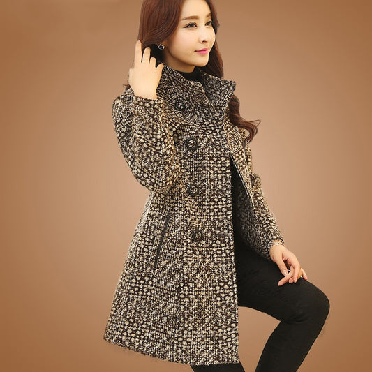 New Women&#39;s Wool Blends Coat Winter 2022 Autumn Fashion Elegant Mother Turtleneck Plaid Slim Long Tweed Woolen Outerwear Female - Executive-Skincare