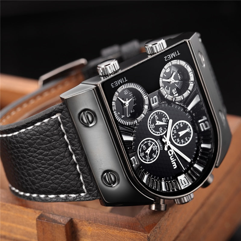 Oulm Men&#39;s Watches Mens Quartz Casual Leather Strap Wristwatch Sports Man Multi-Time Zone Military Male Watch Clock relogios - Executive-Skincare