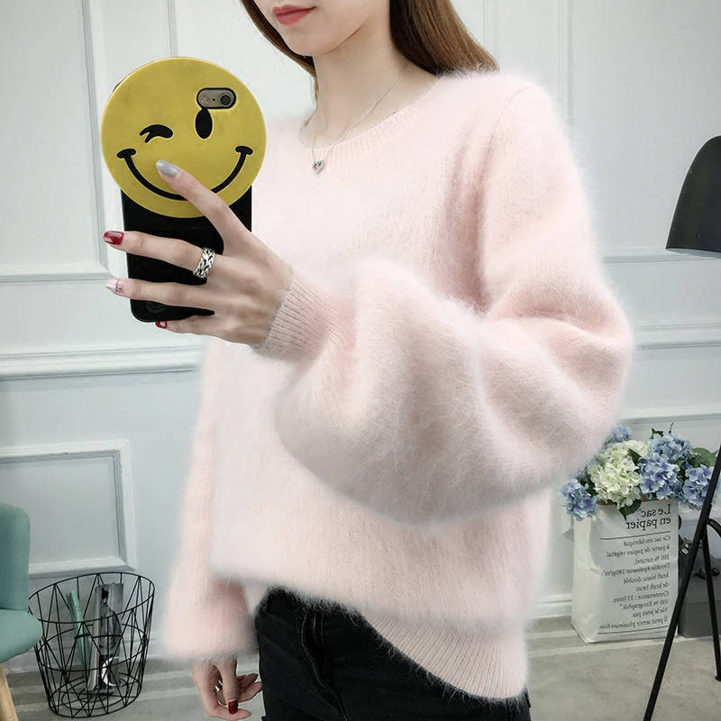 Autumn Winter Lantern Sleeve Faux Mink Cashmere Pullover Knitted Sweater Women Warm Plush Women Sweater Thicken Pullovers C5718 - Executive-Skincare