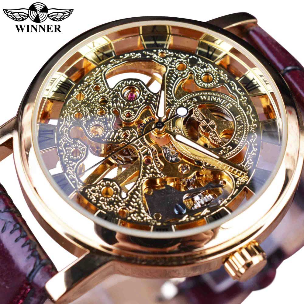 Winner Transparent Golden Case Luxury Casual Design Brown Leather Strap Mens Watches Top Brand Luxury Mechanical Skeleton Watch - Executive-Skincare