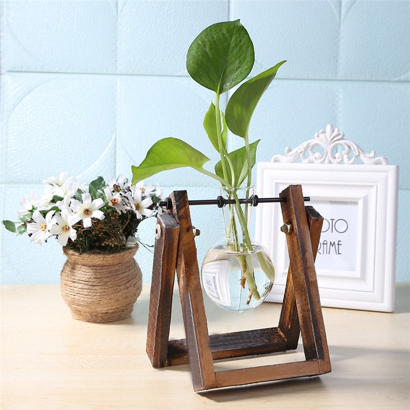 Glass and Wood Vase Planter Terrarium Table Desktop Hydroponics Plant Bonsai Flower Pot Hanging Pots with Wooden Tray Home Decor - Executive-Skincare