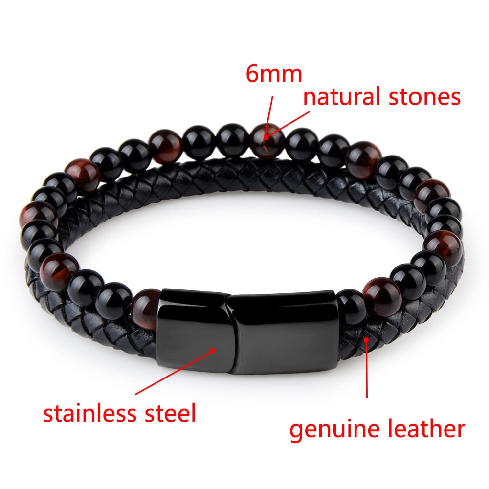 Natural Stone Bracelets Genuine Leather Braided Bracelets Black Stainless Steel Magnetic Clasp Tiger eye Bead Bangle Men Jewelry - Executive-Skincare