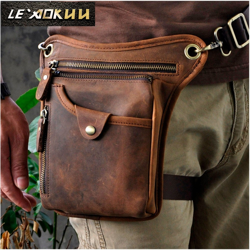 Genuine Real Leather Men Design Casual Messenger Crossbody Sling Bag Fashion Waist Belt Pack Leg Drop Bag Phone Pouch 211-5 - Executive-Skincare