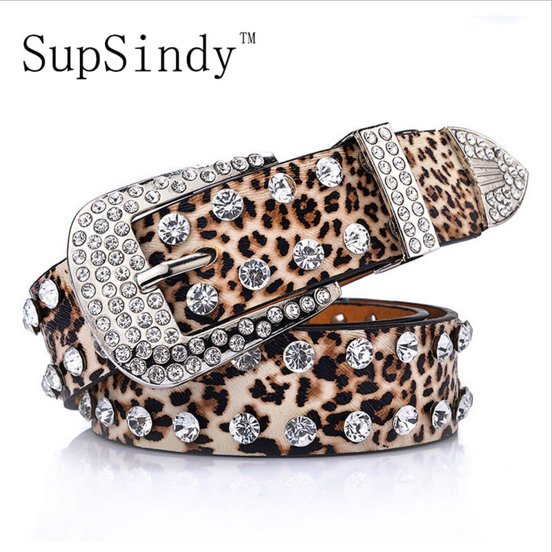 SupSindy women belt pin buckle luxury Rhinestones leopard print PU leather belts for women best quality Female strap for jeans - Executive-Skincare