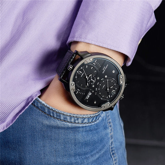 Oulm Men&#39;s Casual Sports Watches Unique Design Big Watch Male Leather Strap Quartz Clock Double Time Zone Men Luxury Wristwatch - Executive-Skincare