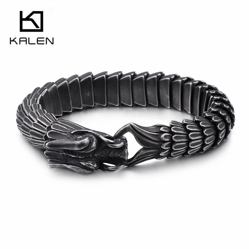 KALEN Punk Animal Dragon Charm Bracelet Men Stainless Steel MatteShiny China Dragon Blessing Bracelet Amulet Bangle Jewelry - Executive-Skincare