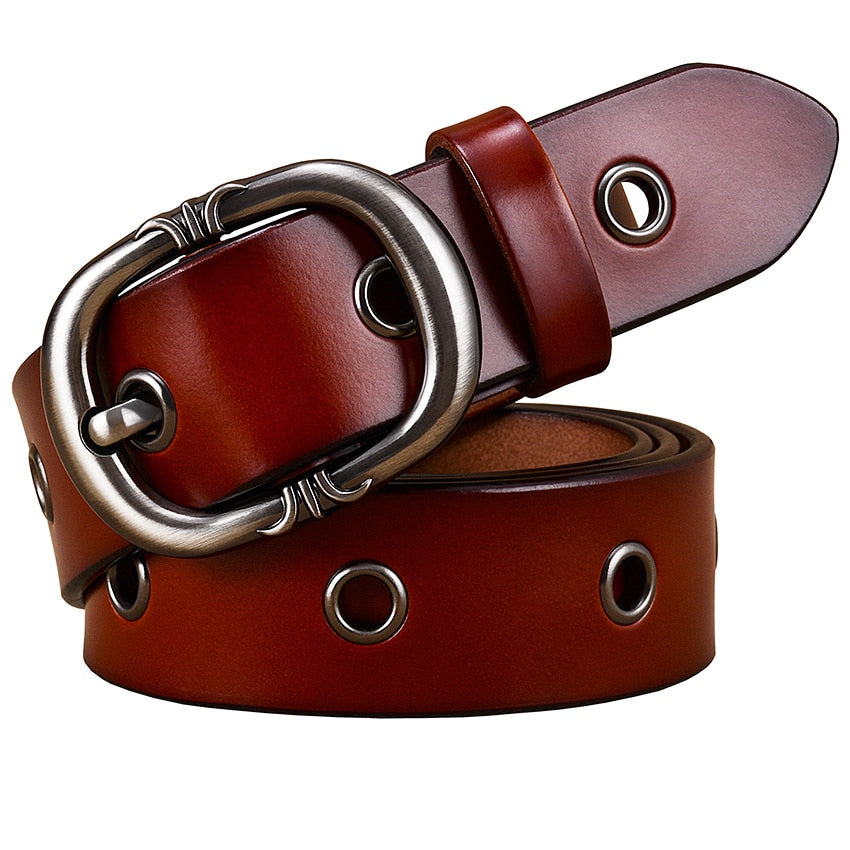 Fashion Metal hollow genuine leather belts for women Quality Pin buckle belt woman Cow skin waist strap for jeans Width 2.8 cm - Executive-Skincare