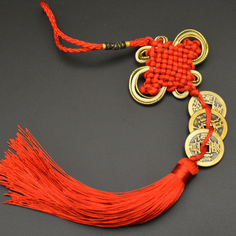 Chinese manual Knot Fengshui Lucky Charms Ancient I CHING Copper Coins Mascot Prosperity Protection Good Fortune Home Car Decor - Executive-Skincare