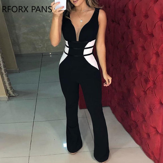 Contrast Color Mesh Insert Jumpsuits Office Lady For Women 2019 - Executive-Skincare