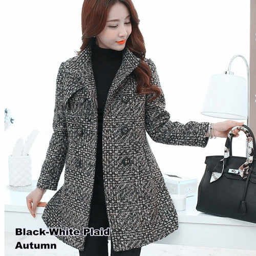 New Women&#39;s Wool Blends Coat Winter 2022 Autumn Fashion Elegant Mother Turtleneck Plaid Slim Long Tweed Woolen Outerwear Female - Executive-Skincare