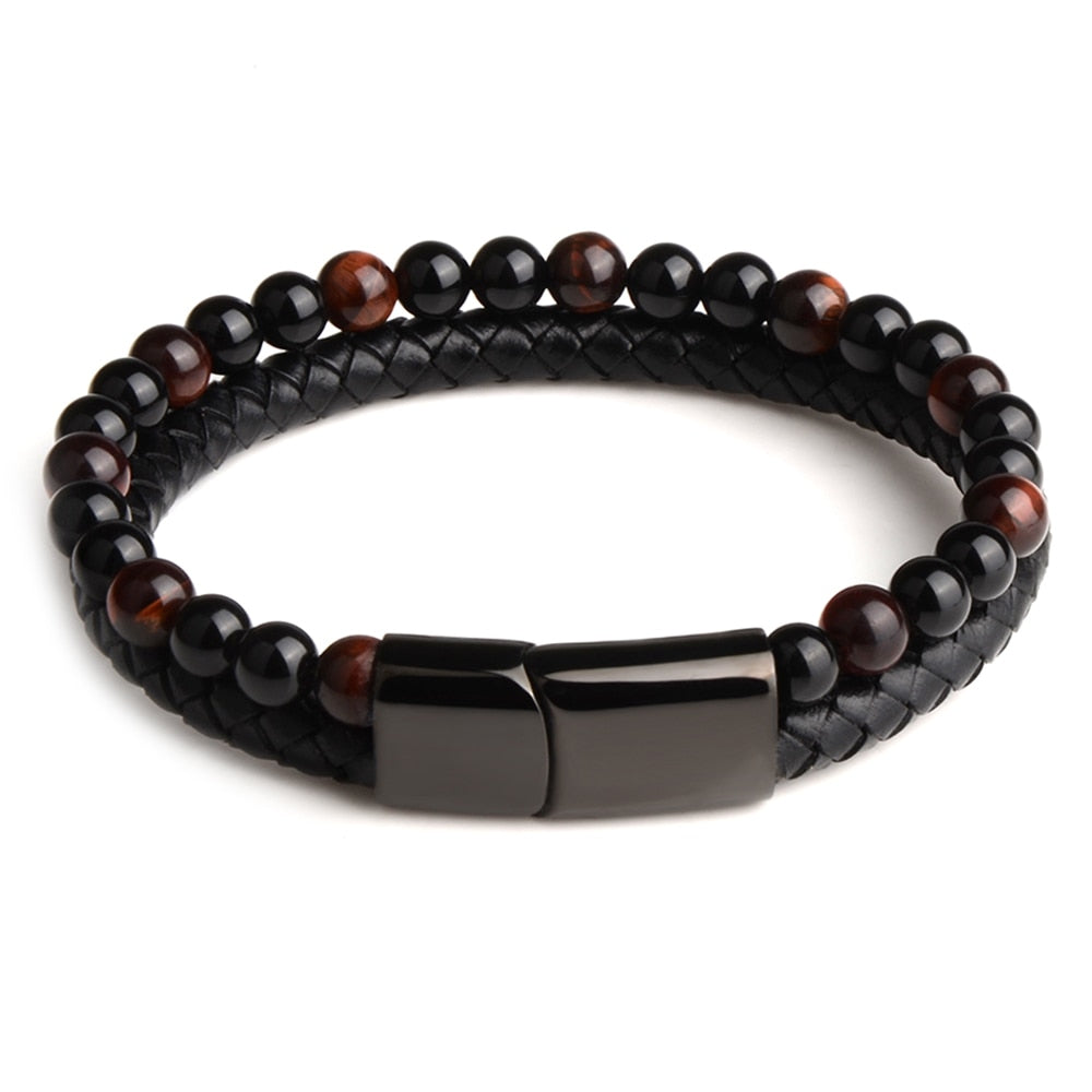 Natural Stone Bracelets Genuine Leather Braided Bracelets Black Stainless Steel Magnetic Clasp Tiger eye Bead Bangle Men Jewelry - Executive-Skincare