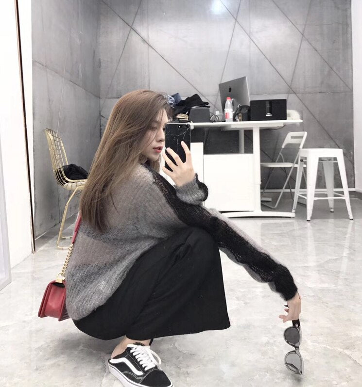 Cheerart Autumn 2018 Thin Sweater Women High Neck Patchwork Grey Knitted Sweater Pullover Transparent Pull Femme Fashion - Executive-Skincare