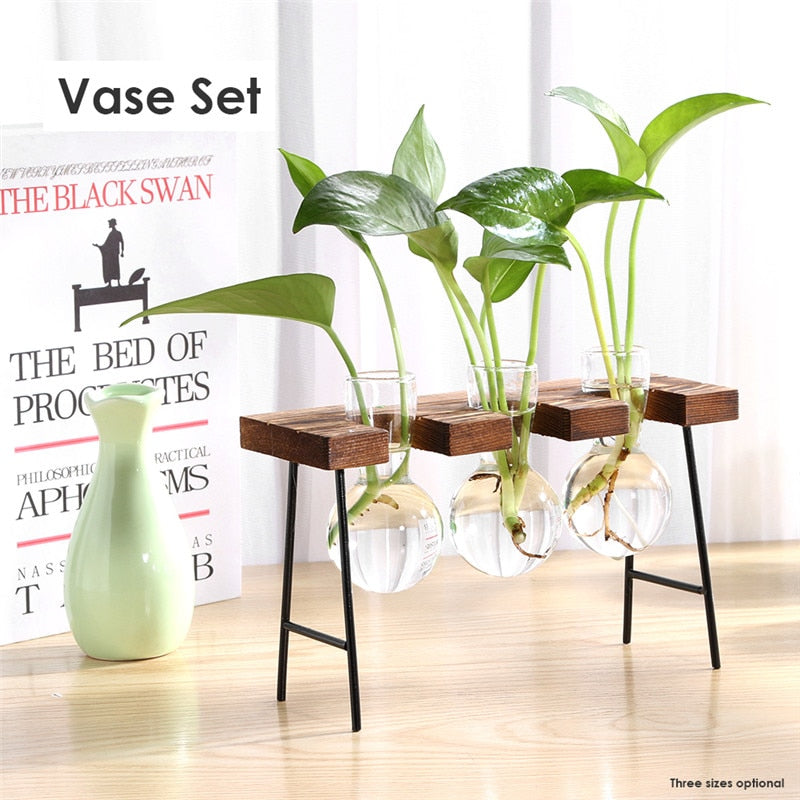 Glass and Wood Vase Planter Terrarium Table Desktop Hydroponics Plant Bonsai Flower Pot Hanging Pots with Wooden Tray Home Decor - Executive-Skincare