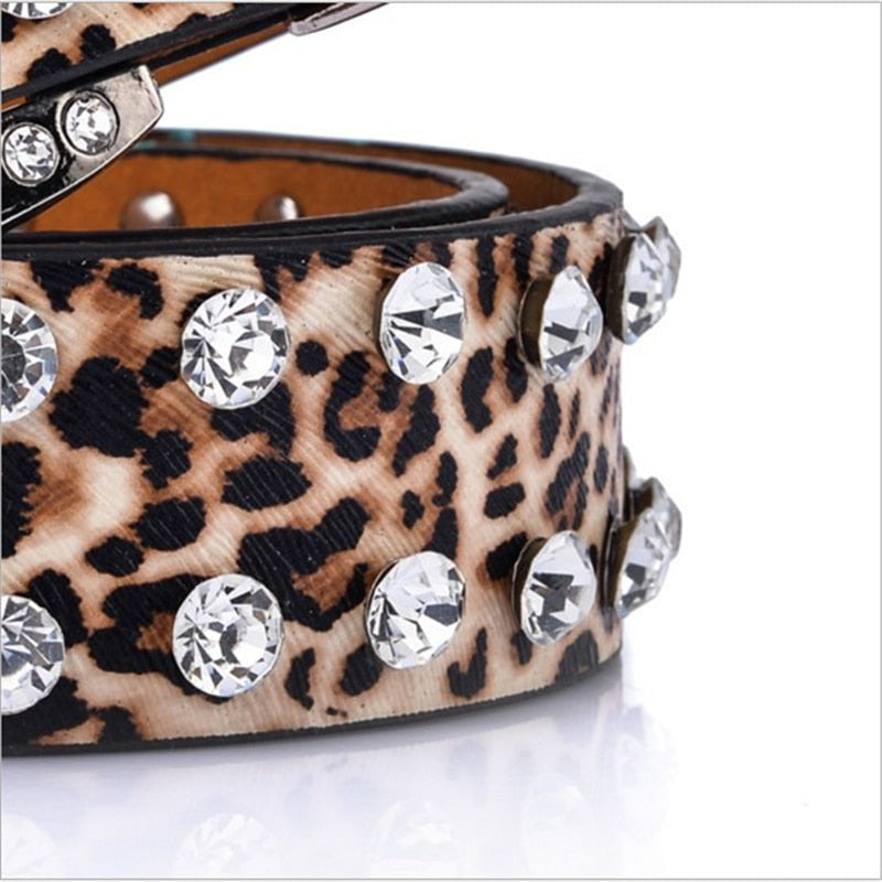 SupSindy women belt pin buckle luxury Rhinestones leopard print PU leather belts for women best quality Female strap for jeans - Executive-Skincare