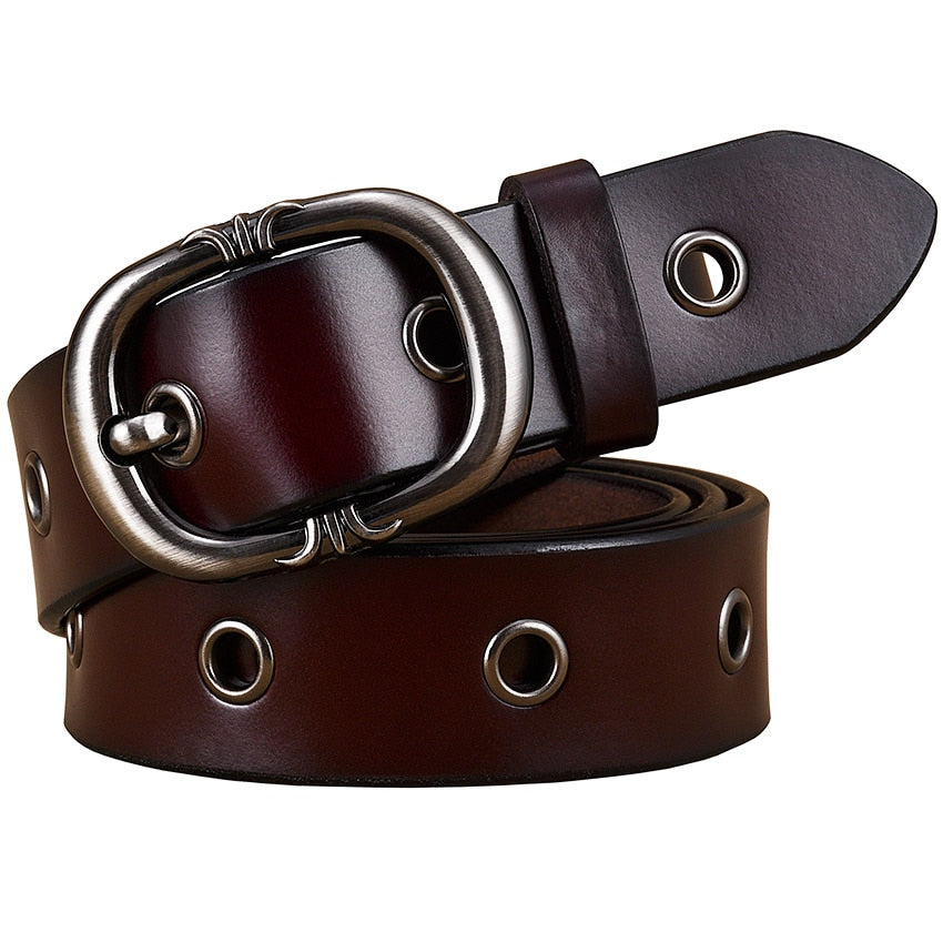 Fashion Metal hollow genuine leather belts for women Quality Pin buckle belt woman Cow skin waist strap for jeans Width 2.8 cm - Executive-Skincare