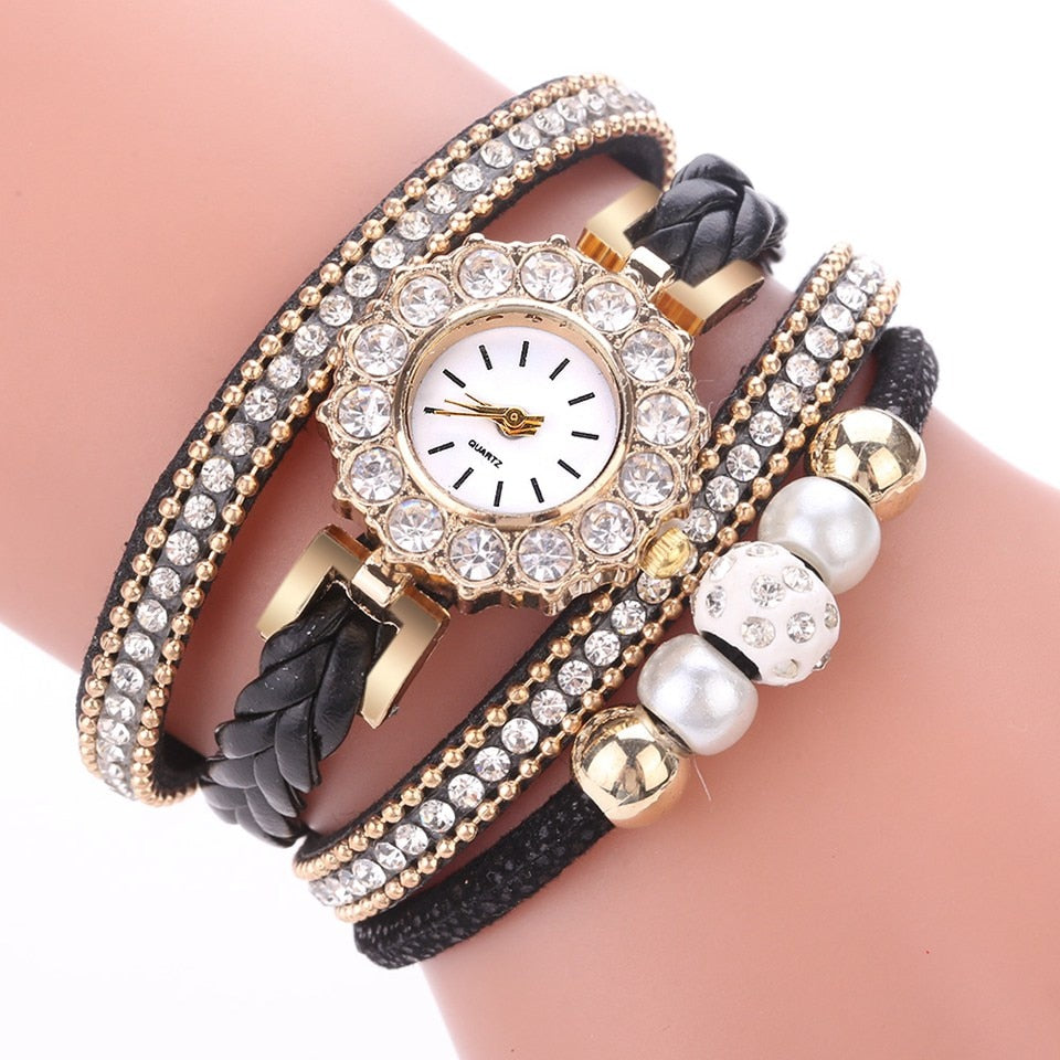 Luxury Gold Leather Watches For Women Pearls Dress Creative Watches Casual Women Bracelet Wristwatch Clock Gift Relogio Feminino - Executive-Skincare