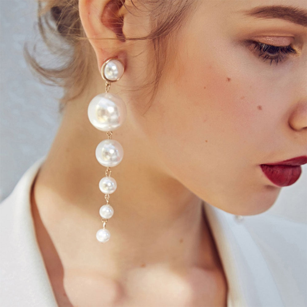 Pearl Long Earrings Female White Round Pearl Wedding  Earrings - Executive-Skincare