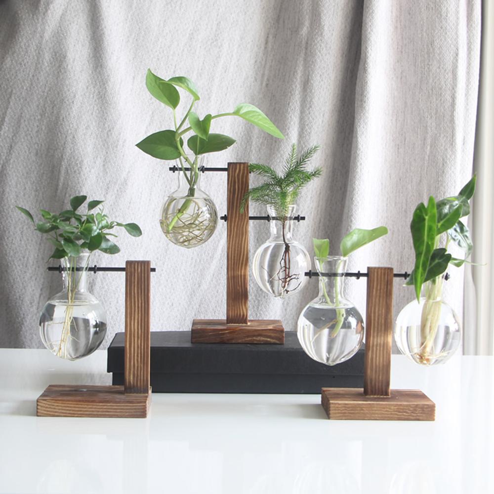 Glass and Wood Vase Planter Terrarium Table Desktop Hydroponics Plant Bonsai Flower Pot Hanging Pots with Wooden Tray Home Decor - Executive-Skincare