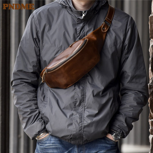 PNDME high quality cowhide simple vintage chest bag genuine leather men&#39;s shoulder messenger belt bag casual sports waist packs - Executive-Skincare