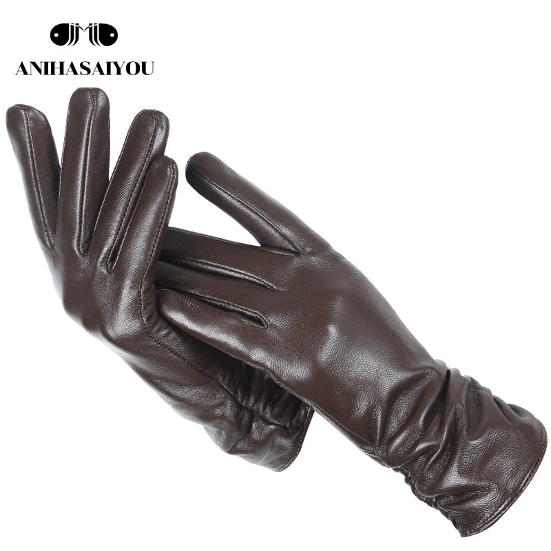 Classic pleated leather gloves women color real leather gloves women sheepskin Genuine Leather winter gloves women-2081 - Executive-Skincare