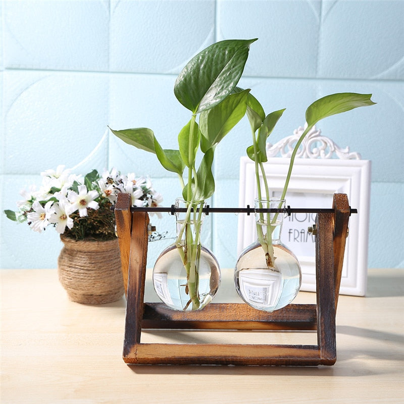 Glass and Wood Vase Planter Terrarium Table Desktop Hydroponics Plant Bonsai Flower Pot Hanging Pots with Wooden Tray Home Decor - Executive-Skincare