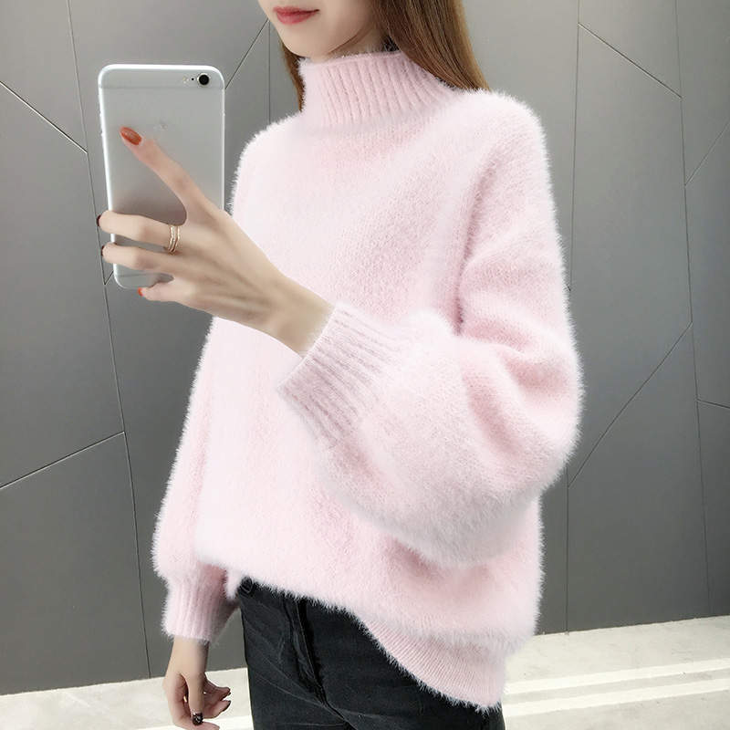 Autumn Winter Lantern Sleeve Faux Mink Cashmere Pullover Knitted Sweater Women Warm Plush Women Sweater Thicken Pullovers C5718 - Executive-Skincare