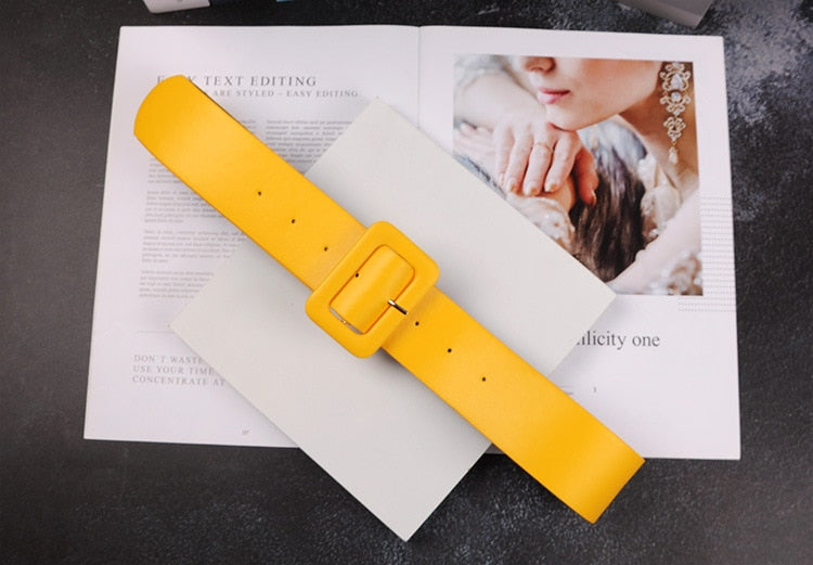 2019 New Fashion Accessories Casual Female Belt Solid Plastic Head Smooth Buckle Belt Stylish Candy Color PU Leather Belt Yellow - Executive-Skincare