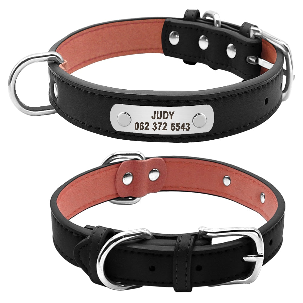 PU Leather Dog Collar Durable Padded Personalized Pet ID Collars Customized for Small Medium Large Dogs Cat Red Black Brown - Executive-Skincare