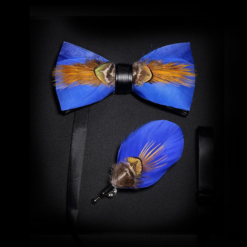 KAMBERFT Brand Men Bow-tie Brooch Set Feather Style Leather Bow Tie Adjustable Formal Tie Bowtie Wedding Party Best Gift - Executive-Skincare