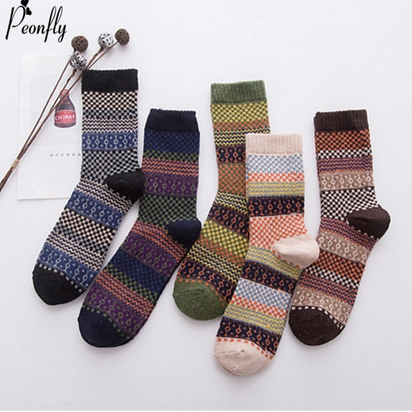 PEONFLY National Style Multi Colorful Geometric Square Printing Men Socks Autumn Winter Thick Rabbit Wool Warm Male Retro Socks - Executive-Skincare