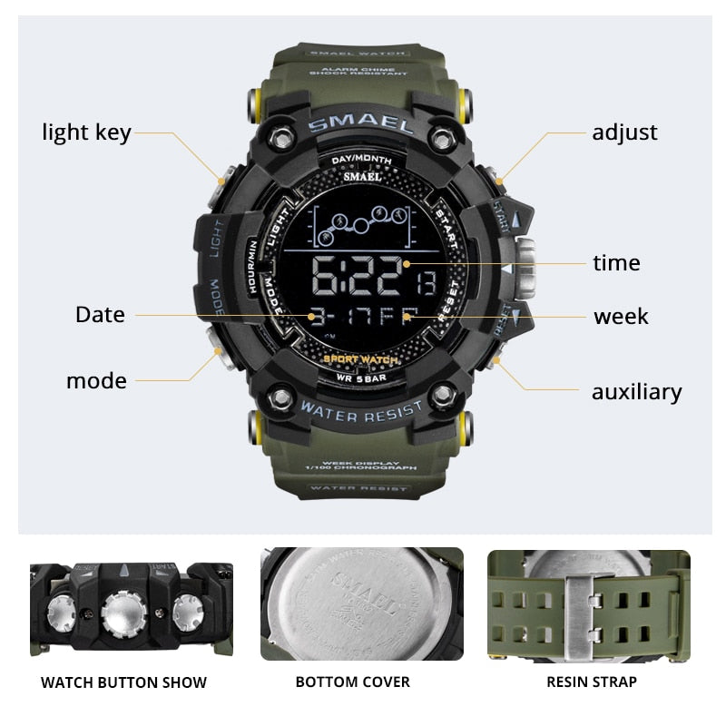 SMAEL Mens Watch Military Waterproof Sport WristWatch Digital Stopwatches For Men 1802 Military Electronic Watches Male Clock - Executive-Skincare