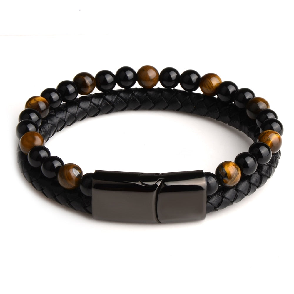 Natural Stone Bracelets Genuine Leather Braided Bracelets Black Stainless Steel Magnetic Clasp Tiger eye Bead Bangle Men Jewelry - Executive-Skincare