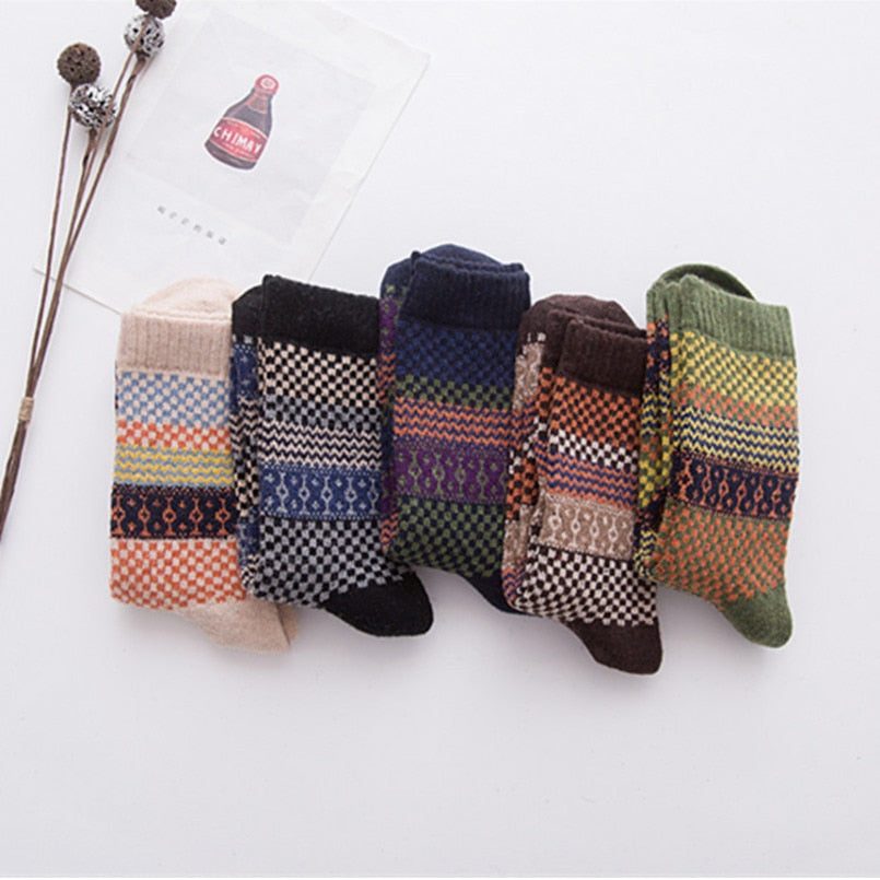 PEONFLY National Style Multi Colorful Geometric Square Printing Men Socks Autumn Winter Thick Rabbit Wool Warm Male Retro Socks - Executive-Skincare