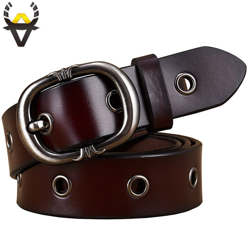 Fashion Metal hollow genuine leather belts for women Quality Pin buckle belt woman Cow skin waist strap for jeans Width 2.8 cm - Executive-Skincare