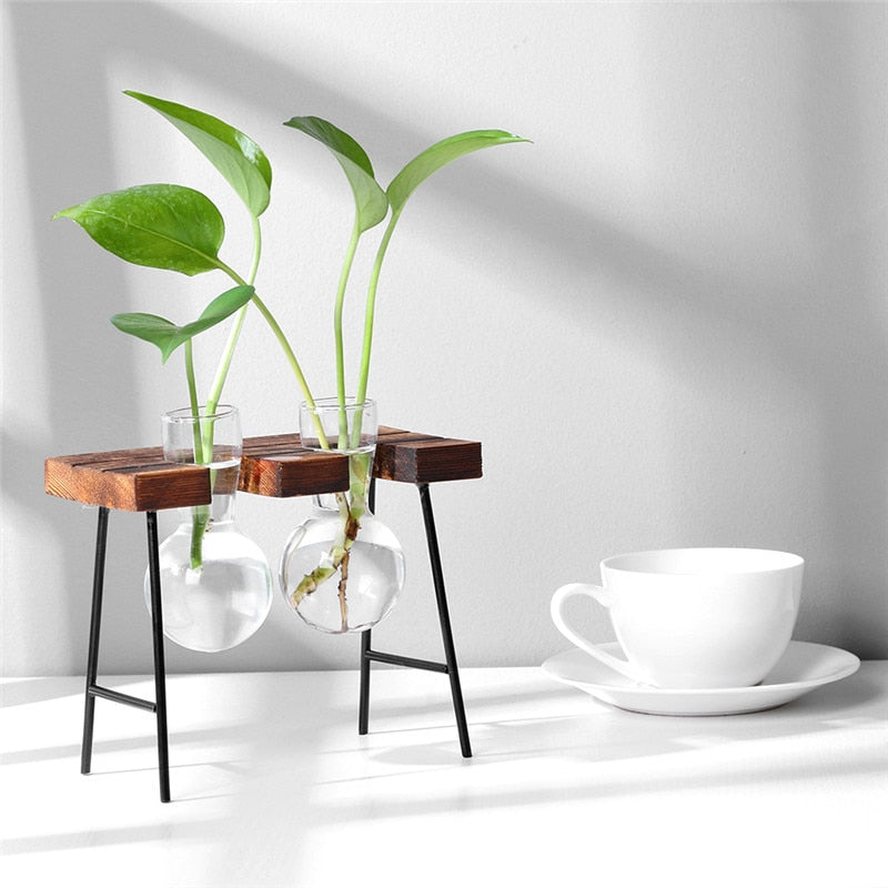 Glass and Wood Vase Planter Terrarium Table Desktop Hydroponics Plant Bonsai Flower Pot Hanging Pots with Wooden Tray Home Decor - Executive-Skincare