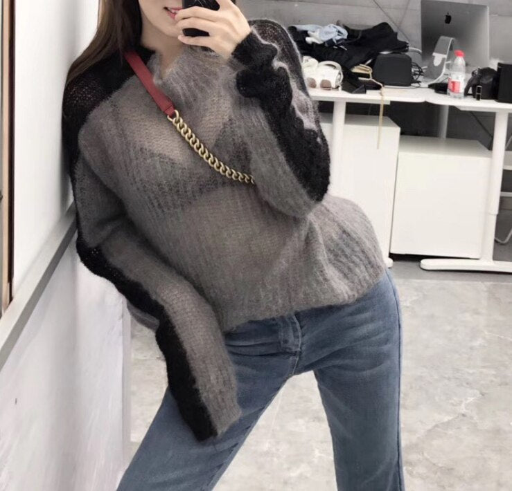 Cheerart Autumn 2018 Thin Sweater Women High Neck Patchwork Grey Knitted Sweater Pullover Transparent Pull Femme Fashion - Executive-Skincare