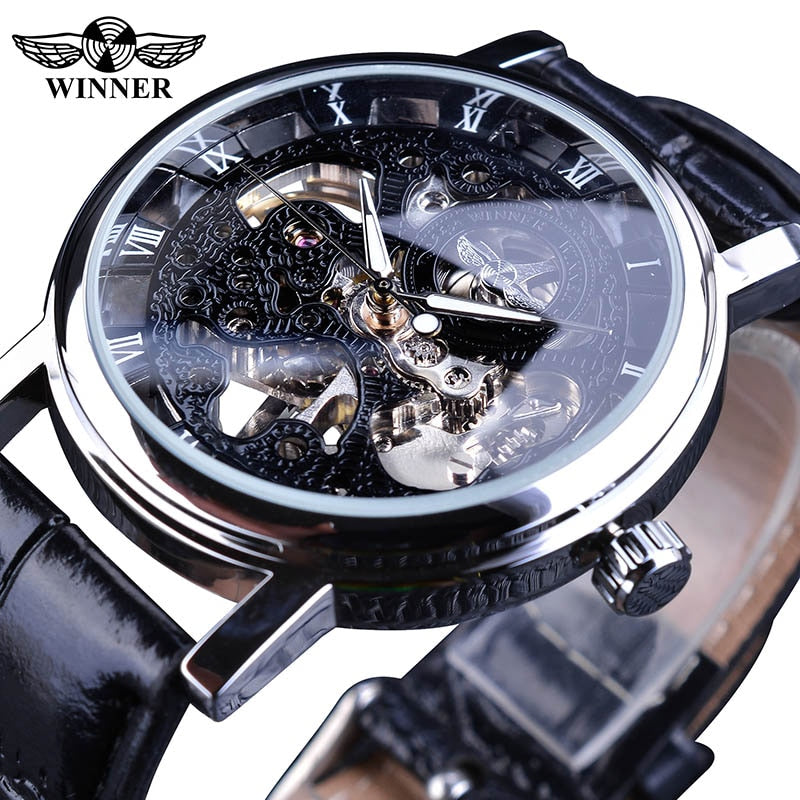 Winner Transparent Golden Case Luxury Casual Design Brown Leather Strap Mens Watches Top Brand Luxury Mechanical Skeleton Watch - Executive-Skincare