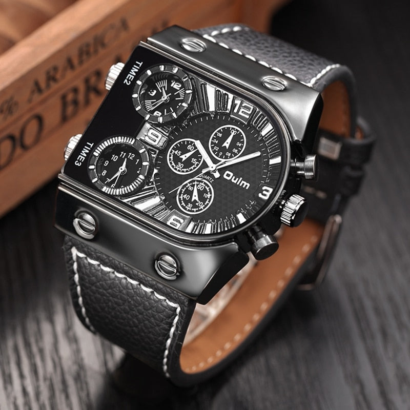 Oulm Men&#39;s Watches Mens Quartz Casual Leather Strap Wristwatch Sports Man Multi-Time Zone Military Male Watch Clock relogios - Executive-Skincare