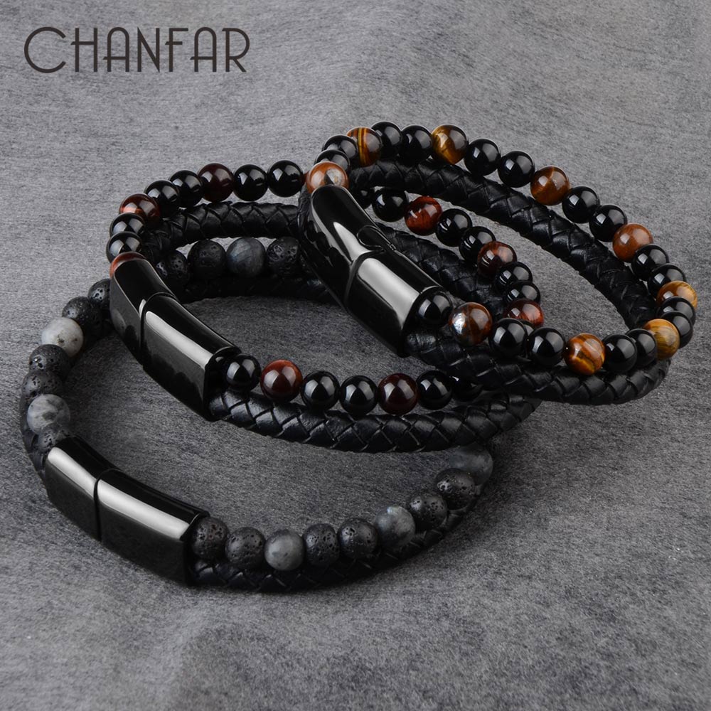 Natural Stone Bracelets Genuine Leather Braided Bracelets Black Stainless Steel Magnetic Clasp Tiger eye Bead Bangle Men Jewelry - Executive-Skincare