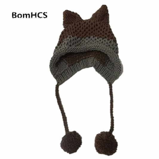 BomHCS Cute Fox Ears Beanie Winter Warm 100% Handmade Knit Hat - Executive-Skincare