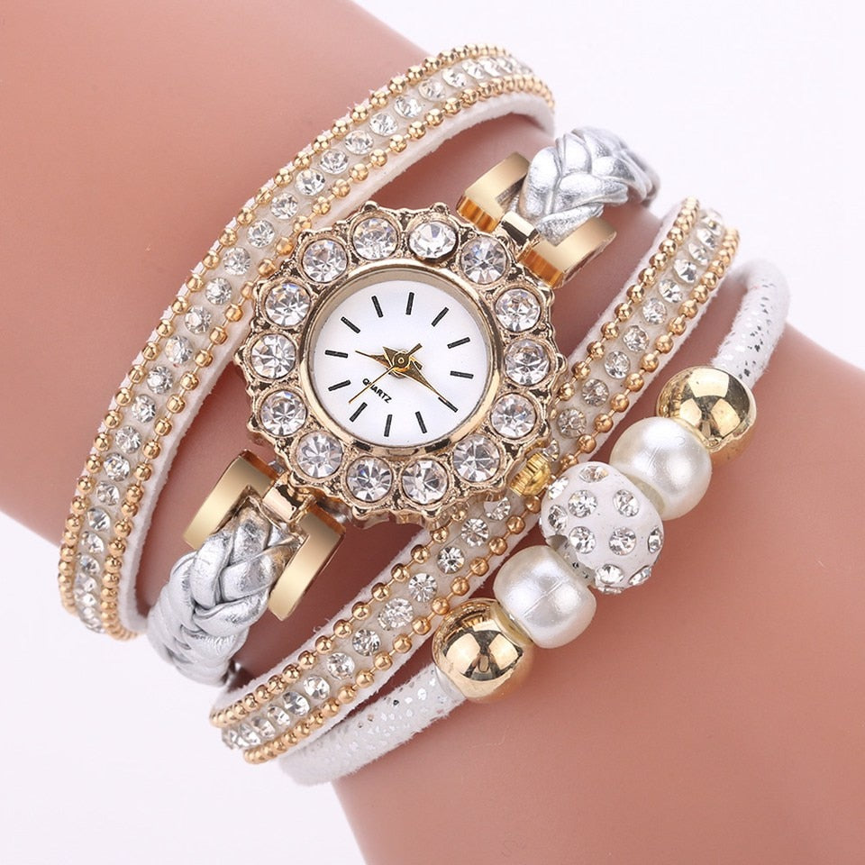 Luxury Gold Leather Watches For Women Pearls Dress Creative Watches Casual Women Bracelet Wristwatch Clock Gift Relogio Feminino - Executive-Skincare