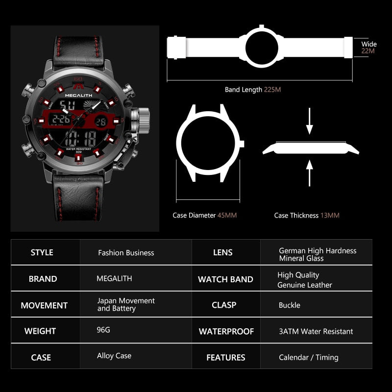 MEGALITH Sport Chronograph Quartz Watches Men Multifunction Dual Display Waterproof Date Luminous Wrist Watches For Men&#39;s Clock - Executive-Skincare