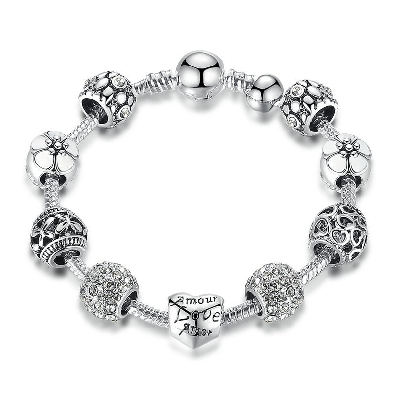 BAMOER Silver Plated Charm Bracelet &amp; Bangle with Love and Flower Beads Women Wedding Jewelry 4 Colors 18CM 20CM 21CM PA1455 - Executive-Skincare