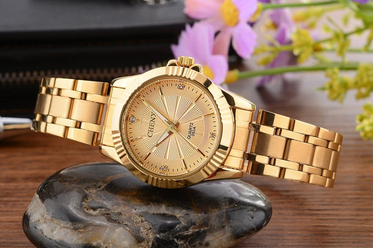 CHENXI Brand Classic Delicate Rhinestone Couple Lover Watches Fashion Luxury Gold Stainless Steel Men&amp;Women Watch Orologi Coppia - Executive-Skincare